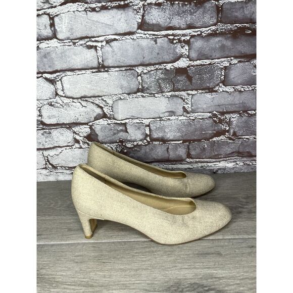 Stuart Weitzman VTG Beige Gold Canvas Pumps Dress Heels Women’s Sz 7M US/37.5EU - Picture 14 of 16